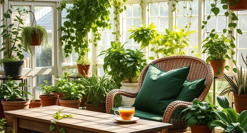 relaxing greenhouse seating areas